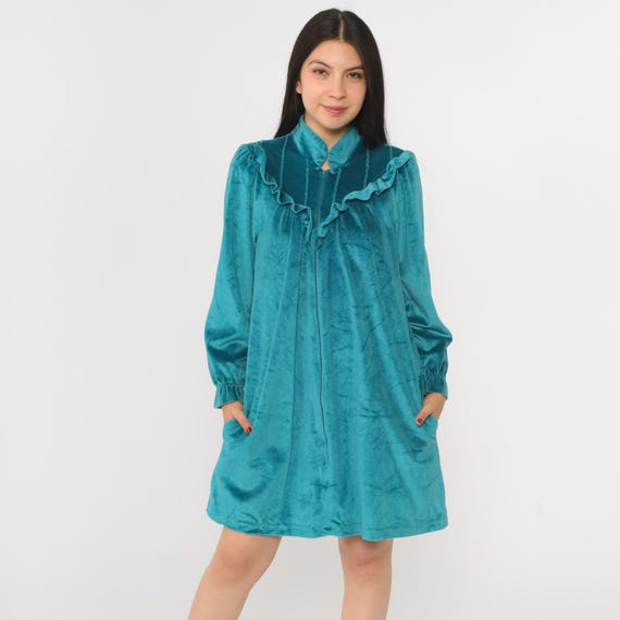 Vintage Velour Lounge Dress 80s Teal Ruffled Yoke Robe Mini Dress Front Zip Up Pajama Long Puff Sleeve Loungewear 1980s Small Medium