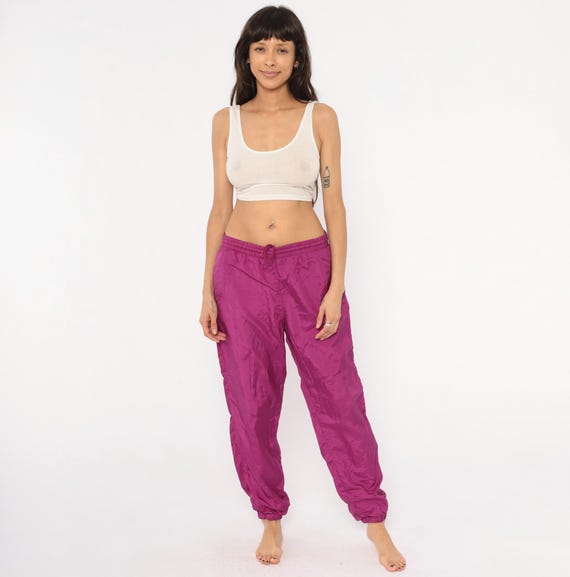Magenta Windbreaker Pants 90s Track Joggers Drawstring Tapered Leg Cuffed Athletic Violet Grape Purple Vintage Sportswear Trousers Small S