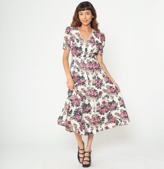 90s Floral Midi Dress Cream White Pink Rose Print Button Front V Neck Lace Trim Short Puff Sleeve Vintage Prairie Romantic Small S