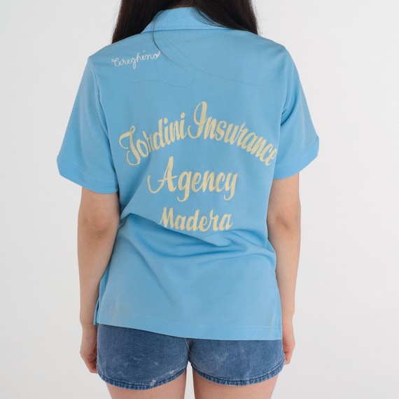 70s Blue Polo Shirt Tordini Insurance Agency Uniform Shirt Rose Name Button Up Short Sleeve Madera California Vintage 1970s Medium 36