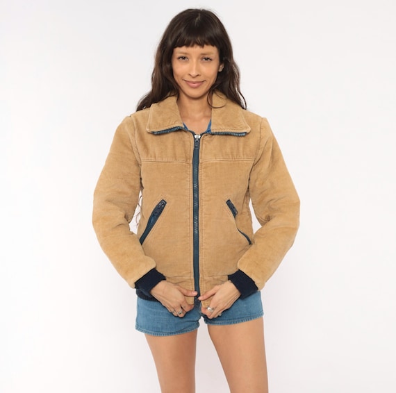 70s Corduroy Puffer Jacket Tan Quilted Bomber Camel Padded Coat Navy Knit Cuffs Insulated Sand Warm Sporty Ski Winter Vintage Small S