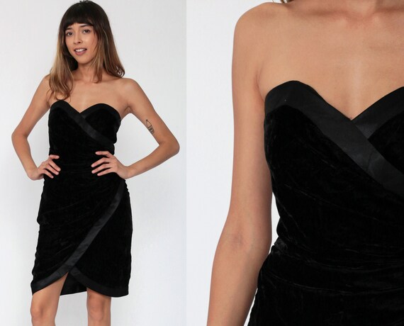 Black Velvet Dress 80s Strapless Mini Dress Party