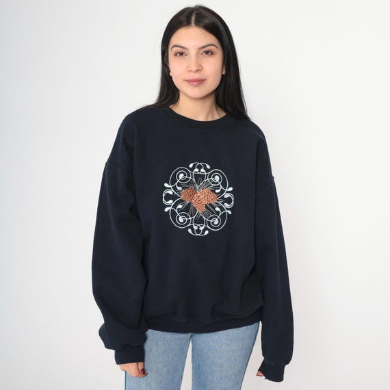 Vintage Y2K Pinecone Sweatshirt Black Embroidered Fall Crewneck Graphic Pullover Cozy Winter Nature Gildan 2000s Large L
