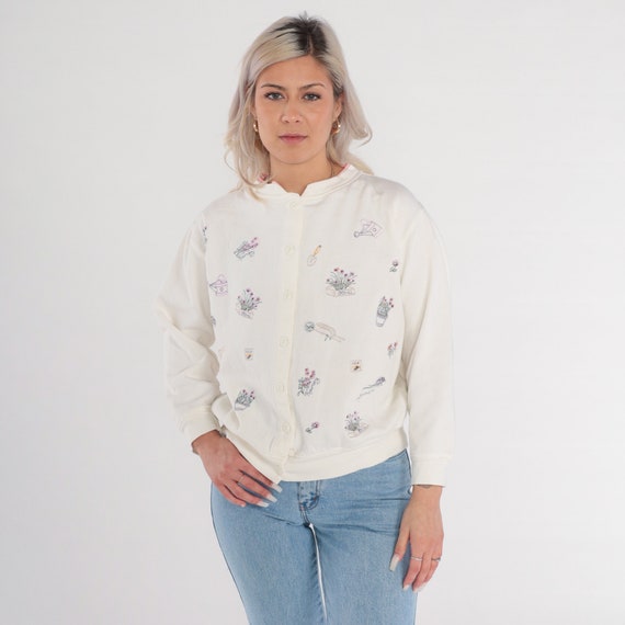 Vintage Gardening Cardigan Sweatshirt 90s Floral Garden Shirt Button up Sweater Herb Print Shirt Hippie Off-White 1990s Oversized Medium