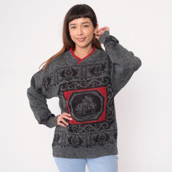 90s Tribal Sweater Ethnic Pattern Gray Red V Neck Long Sleeve Wool Pullover Vintage Chunky Knit Grandpa Style Preppy Winter Fall Small S