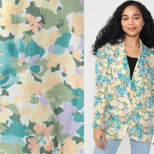 Floral Blazer Chaqueta Pastel Amarillo Azul Chaqueta 80s Blazer Boho Verano Vintage 1980s Mujeres Boho Retro Mediano Grande
