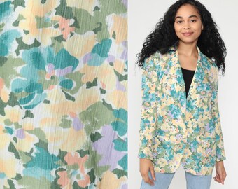 Floral Blazer Jacket Pastel Yellow Blue Jacket 80s Blazer Bohemian Summer Vintage 1980s Women Boho Retro Medium Large