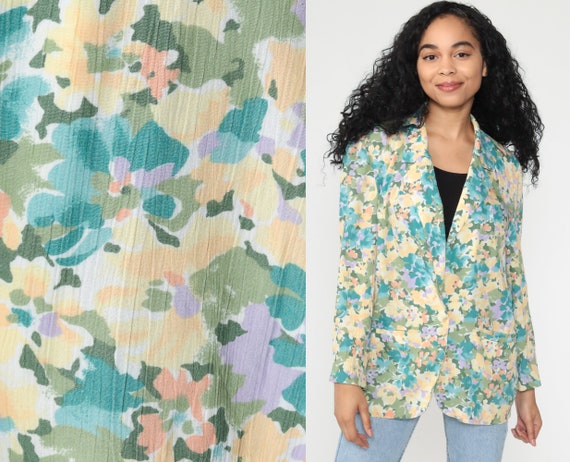 Floral Blazer Jacket Pastel Yellow Blue Jacket 80s Blazer Bohemian Summer Vintage 1980s Women Boho Retro Medium Large