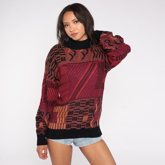Southwestern Knit Sweater 90s Geometric Pattern Mock Neck Burgundy Rust Black Abstract Design Permit Brand Pullover Cozy Fall Winter Small S