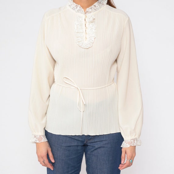 70s Ruffle Blouse Off-White Pleated Tuxedo Shirt … - image 9