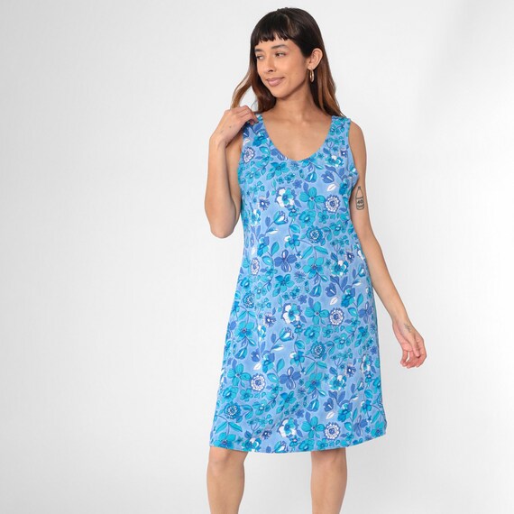 Vintage Floral Sun Dress 90s Blue Sleeveless Sundress Knee Length Midi Dress Tank Boho Retro Scoop Neck Shift Day Dress 1990s Large 12