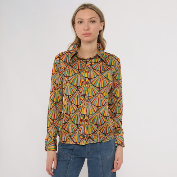 70s Rainbow Shirt Geometric Fan Print Button Up Long Sleeve Collar Striped Vintage Psychedelic Colorful  Disco Party Medium M
