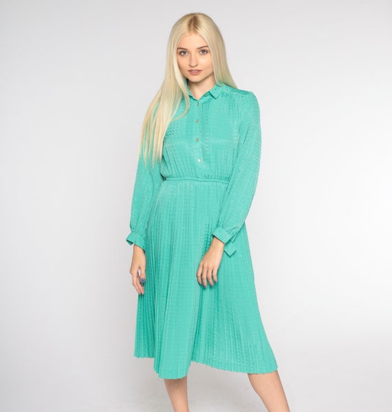Seafoam Green Dress 80s Midi Dress Tuxedo Ruffle Embossed Knee Length High Waist Pleated Skirt Long Sleeve Secretary Vintage 1980s Small S