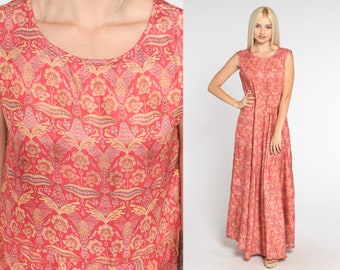 Red Floral Dress Y2k Maxi Party Dress Sleeveless Flared Skirt Gold Flower Print Bohemian Hippie Formal Glam Cocktail Vintage 00s Medium M