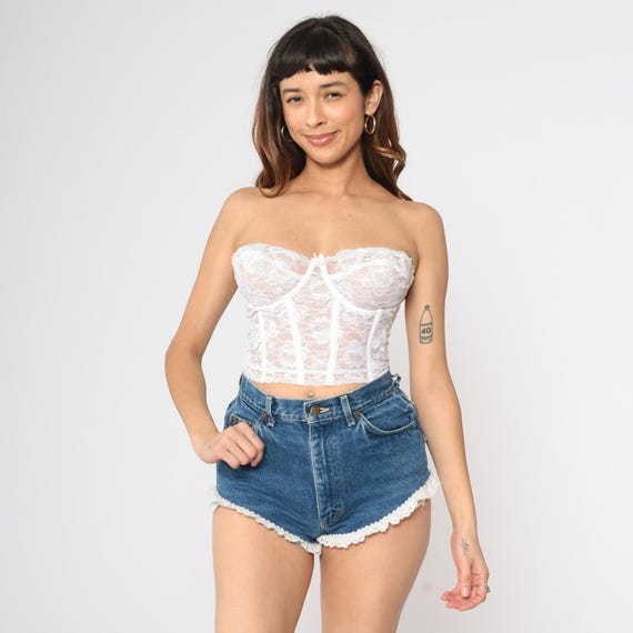 Vintage 90s Lee Lace Trim Denim Shorts High Waist Blue Distressed Cutoff Eyelet Hem Festival Daisy Duke Shorts 1990s High Sides Small 27