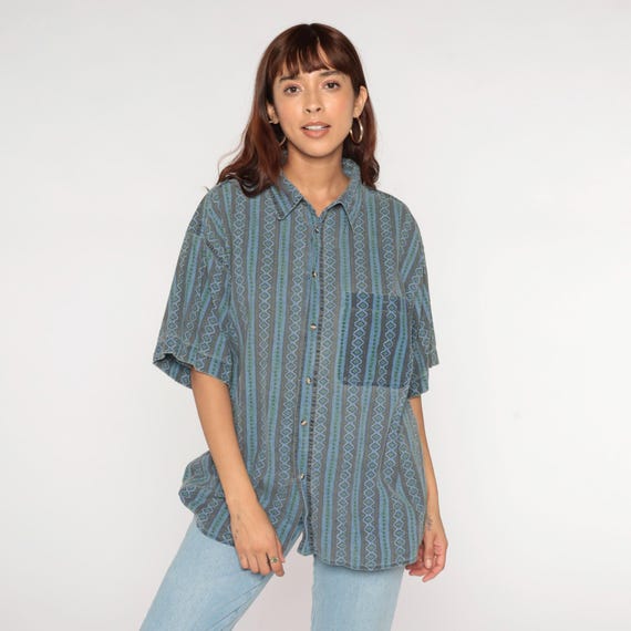 90s Blue Striped Southwest Shirt Faded Button Up Southwestern Aztec Top Green Brown Geometric 1990s Vintage Short Sleeve Large xl
