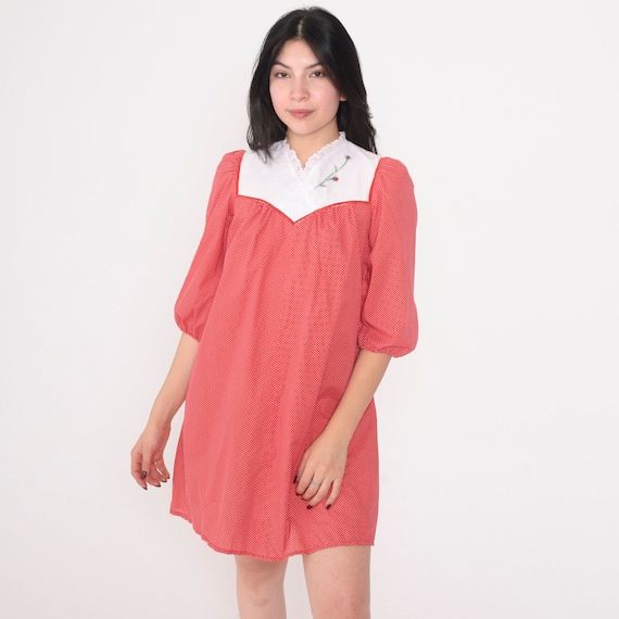Red Polka Dot Dress 80s Mini Bib Dress Puff Sleeve Eyelet Lace Floral Embroidered Trapeze Hippie Vintage 1980s Liberty House Extra Small xs