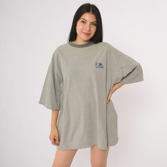 Striped Ringer Tee 90s Palm Beach Embroidered Fish Vintage T-shirt Short Sleeve Crew Neck Summer Casual Beach Vacation Style Extra Large XL