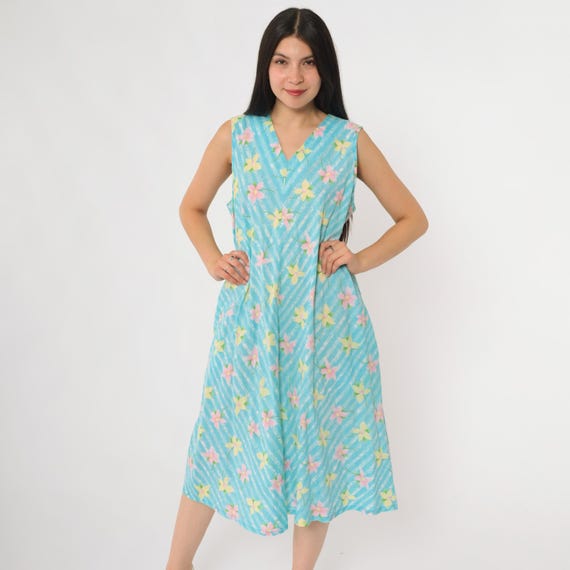 Floral Day Dress 60s Aqua Cotton Summer Midi Vintage Pastel Print V Neck Casual Garden Wear Light Blue Pink Yellow Medium Large M L