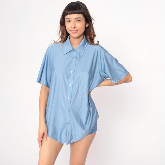 70s Light Blue Button Front Shirt Short Sleeve Oversized Vintage Van Heusen Shirt Collar Powder Minimalist Preppy Extra Large XL