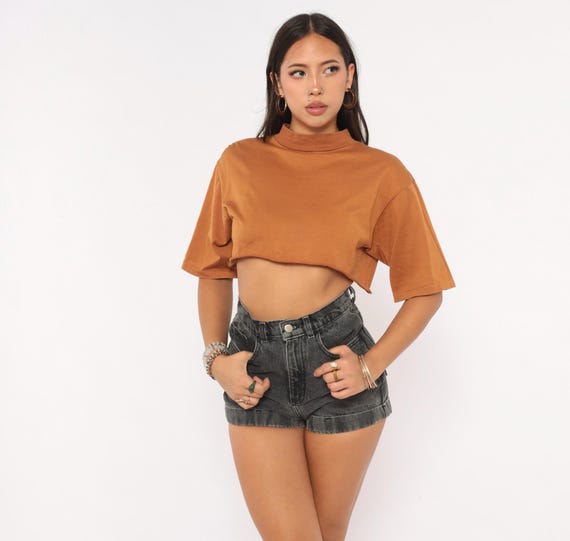 Distressed 80s Rust Mock Neck Crop Top Cotton Tee Copper Boxy Short Sleeve Shirt Terra Cotta Blouse Minimal Orange Cropped Vintage Large L