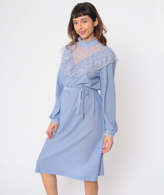 Victorian Lace Dress 70s Lavender Mesh Illusion Neckline Ruffled Party Dress 1970s Disco High Neck Long Sleeve Capelet Vintage Shift Medium