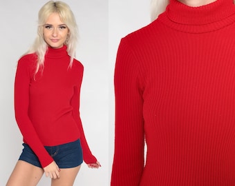 Red Turtleneck Sweater 90s Ribbed Acrylic Knit Top Retro Pullover Turtle Neck Shirt Long Sleeve Plain Solid Basic Vintage 1990s Medium M
