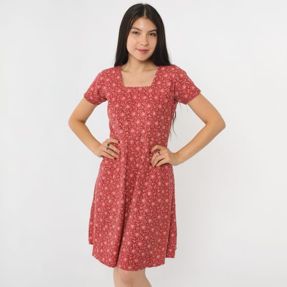Vintage Red Floral Dress 90s Boho Mini Dress High Waisted Flower Print Cottagecore Square Neck Hippie Day Dress Summer 1990s Medium 8