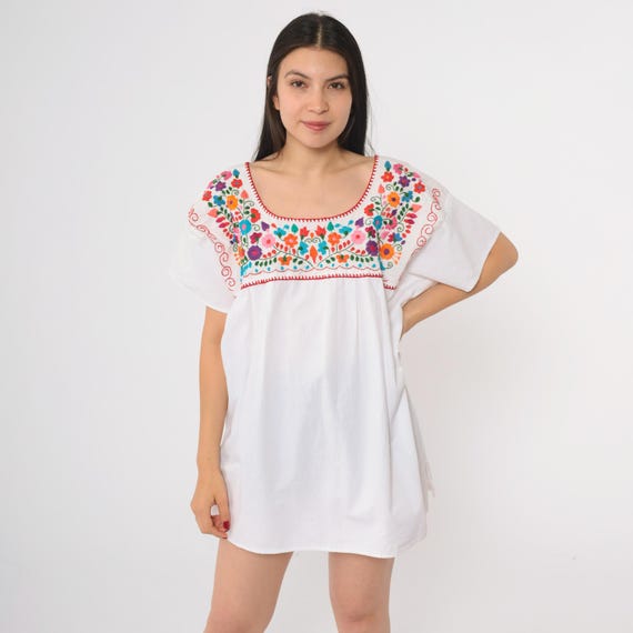 Mexican Embroidered Blouse White 90s Floral Tunic Cotton Vintage Colorful Hand Stitched Ethnic Traditional Oaxaca Artisan Folk Large L