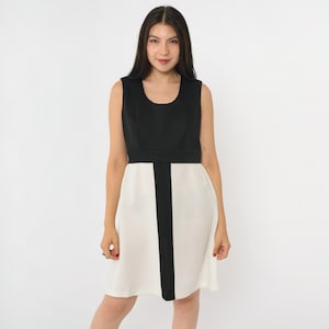 60s 70s Mod Color Block Dress Vintage Black White Striped Mini High Waisted Gogo Sleeveless Colorblock 1970s Medium 8