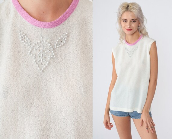 Pearl Beaded Tank Top 70s Sleeveless Shirt White Blouse Rhinestone Bead Leaf Pink Crewneck Boho Hippie Mod Retro Knit Vintage 1970s Medium