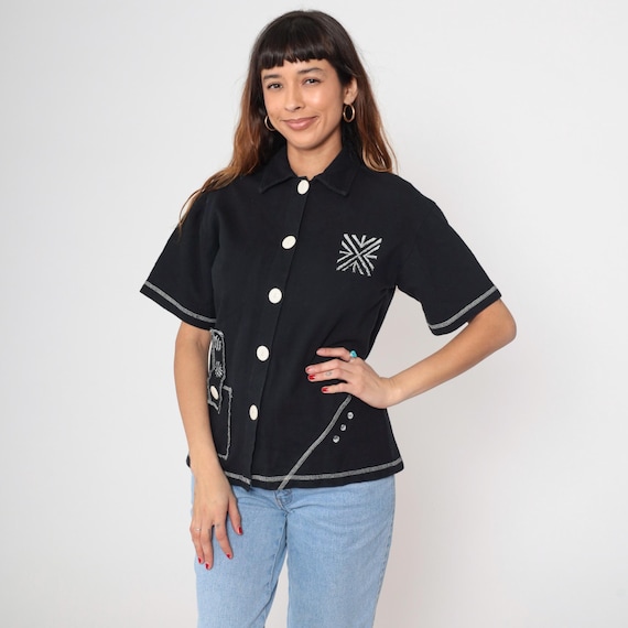 90s Button Up Shirt Black White Stitching Southwest Printed Star Geometric Cotton Vintage Western Style Retro Short Sleeve Small S
