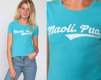 Hawaii Shirt Maoli Pua Real Flowers Baby Tee 80s Graphic T Shirt Blue Cap Sleeve Tshirt Vintage Girly Tee 80s Hawaiian Small