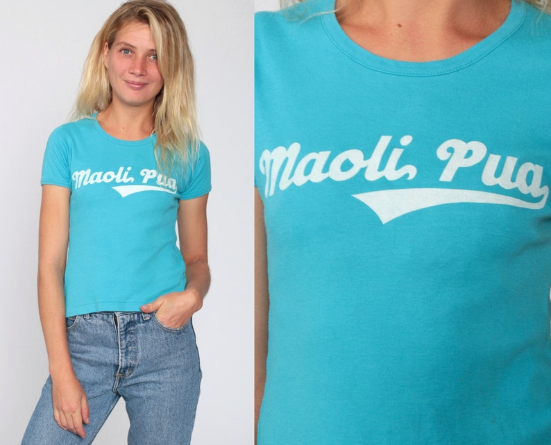 Hawaii Shirt Maoli Pua Real Flowers Baby Tee 80s Graphic T Shirt Blue Cap Sleeve Tshirt Vintage Girly Tee 80s Hawaiian Small image 1