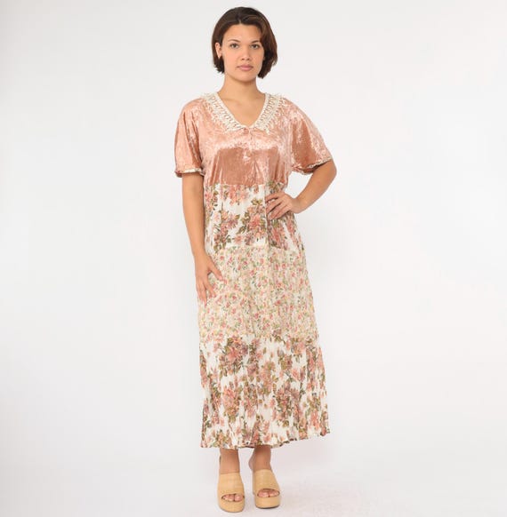 Vintage 90s Tiered Floral Dress Boho Pink Velvet Gauze Maxi Dress Lace Trim Cottagecore 1990s High Waist Short Sleeve Dress 1990s Large L