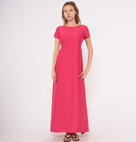 60s Fuchsia Gown Hot Pink Empire Waist Floor Length Formal Dress Magenta Column Bridesmaid Prom Evening Garden Party Bright Extra Small XS