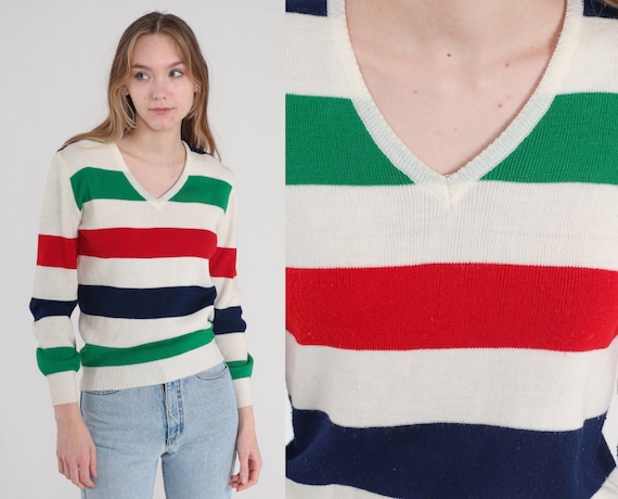 Striped Sweater 80s Knit Pullover V Neck Sweater … - image 1
