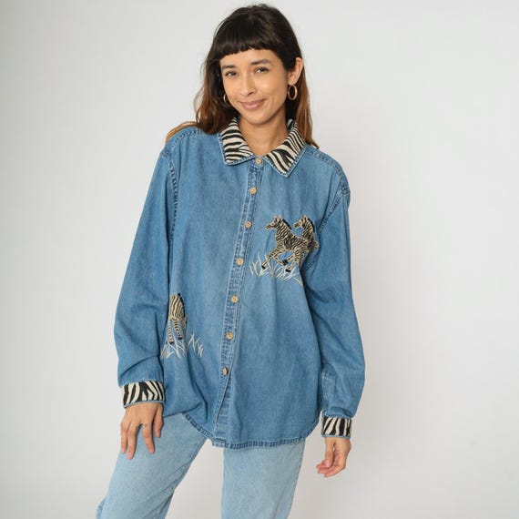 Vintage Denim Zebra Shirt Jean Safari Animal Top Y2K Embroidered Africa Print Jungle Blouse 00s Button Up Long Sleeve 2X