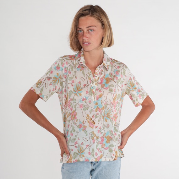 White Floral Blouse Y2K Metallic Top Studded Rhinestone Semi-Sheer Sparkly Flower Button up Short Sleeve Polo Shirt Vintage 00s Medium M