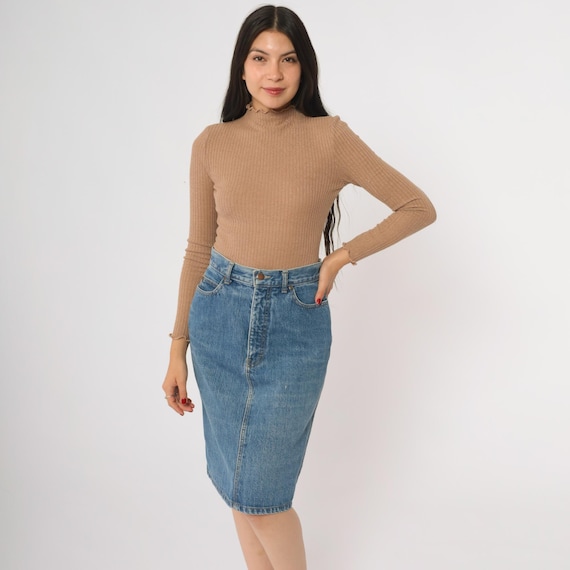 Calvin Klein Skirt 90s Denim Blue Jean Mini High Waist Western Button Classic Cotton Vintage Grunge Pencil Knee Length Straight Size 10