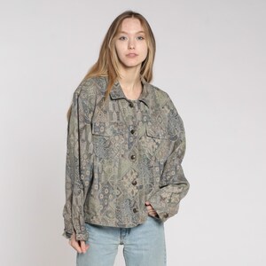 90s Boho Jacket Geometric Jacket Lightweight Button Up Cargo Jacket Bohemian Vintage 1990s Floral Bohemian Jacket Taupe Blue Extra Large xl image 3