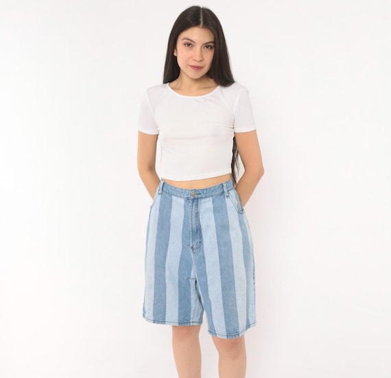 Striped Tommy Hilfiger Shorts 2000s Denim Jean Light Blue Sky Bermuda Vertical Stripe Summer Baggy Relaxed Fit Collegiate Preppy 38 Large L