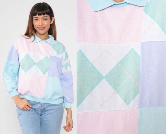 Color Block Sweatshirt 90s Pastel Argyle Checkere… - image 1