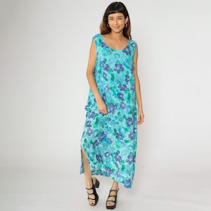 Vintage Paisley Floral Dress 90s Aqua Blue Summer Maxi Blue Purple Watercolor Print Retro Sleeveless Sundress Tank Scoop Neck 1990s xl 2xl