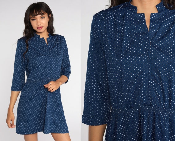 Blue Polka Dot Dress 70s Mini Dress 1970s Boho High Waisted Retro Vintage Short Sleeve Polyester Bohemian Medium