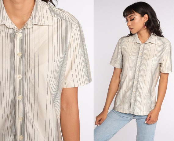 Off-White Striped Shirt 70s Shirt Secretary Top Short Sleeve Shirt Button Up 1970s Collared Shirt Vintage Medium