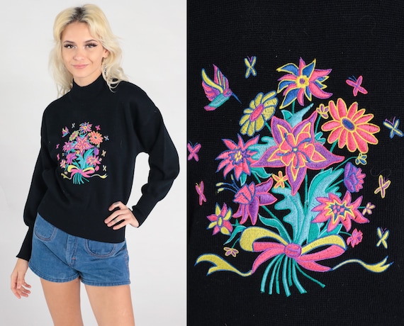 Embroidered Floral Sweater 80s Mock Neck Sweater Meister Wool Acrylic Boho Black Flower Sweater 1980s Pullover Vintage Ski Sweater Small S