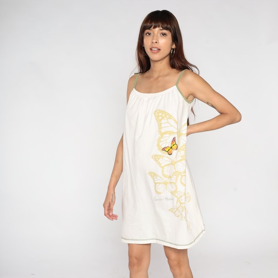 Butterfly Dress Y2k Mini Dress Cancun Mexico Tank Dress Retro Casual Boho Summer Day Shift Tent White Minidress Sleeveless Vintage 00s XL