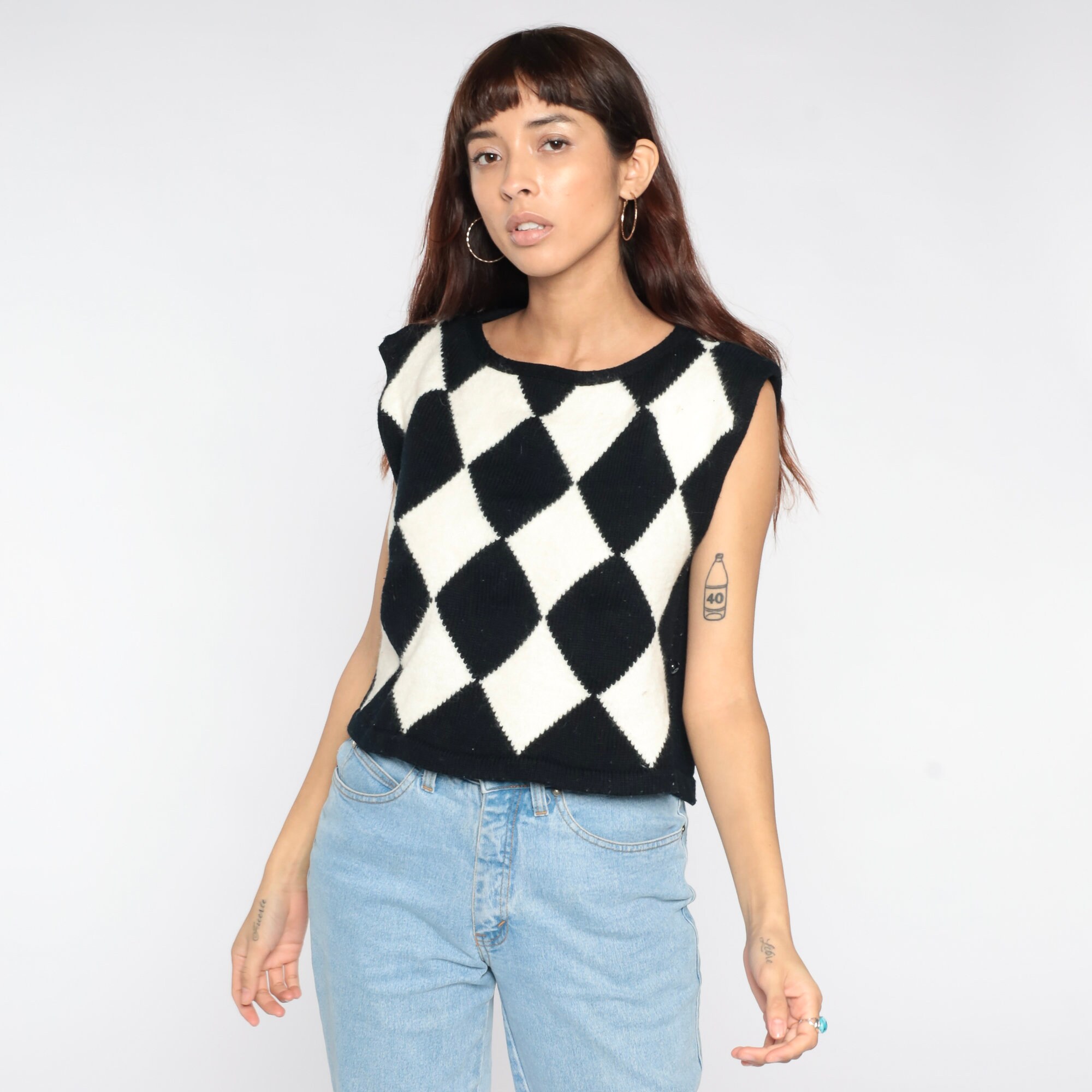 Checkered Knit Shirt 80s Black White Lambswool Blend Top Angora Cap ...