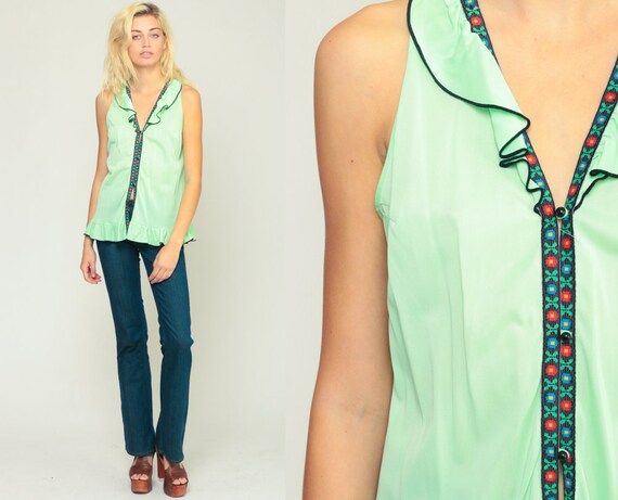 70s Tank Top Summer Top Boho Shirt Retro Top Lime Green Neon Shirt Ruffle Top Lingerie Top Sleeveless Bohemian 1970s Vintage Small